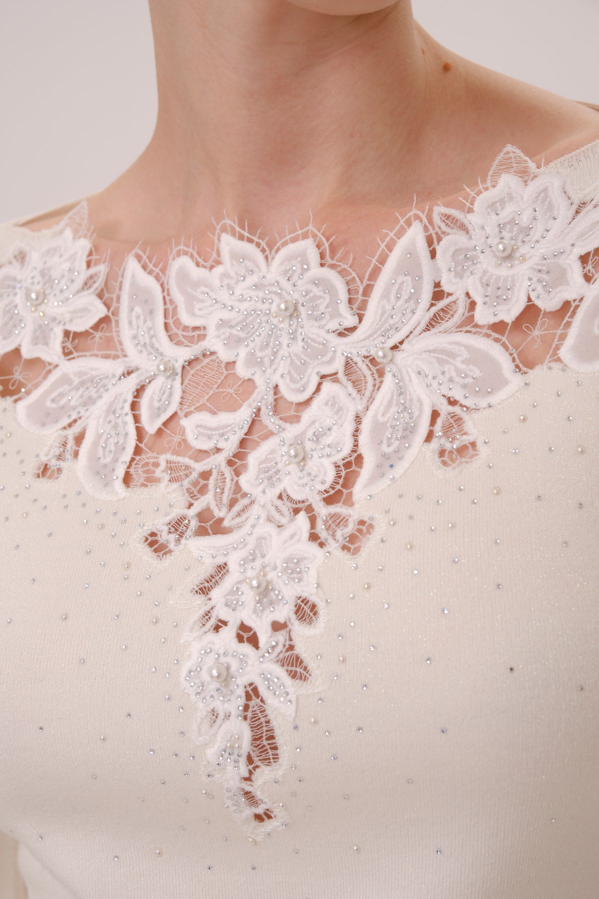 White Embroidered Floral Rhinestone Knit Top