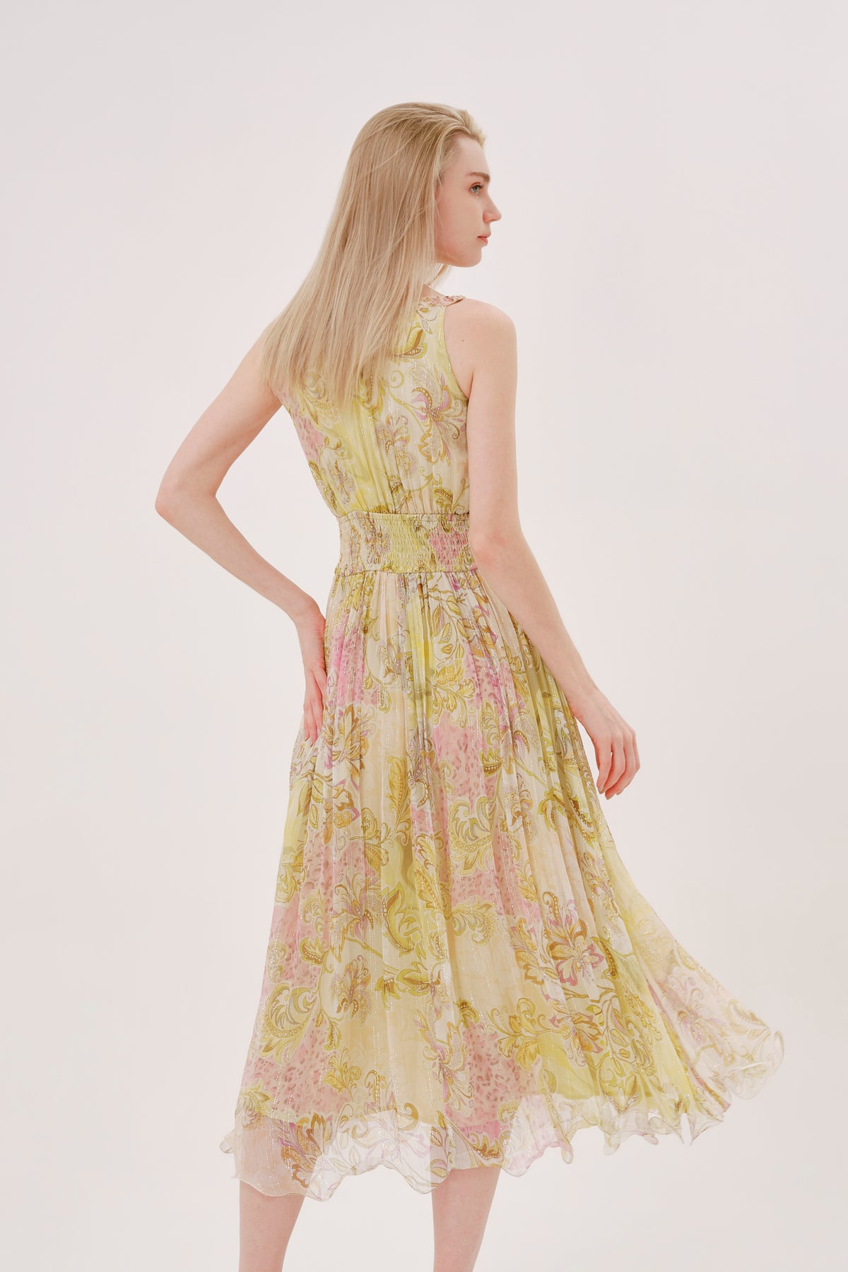 Green Floral Silk Halter Neck Dress