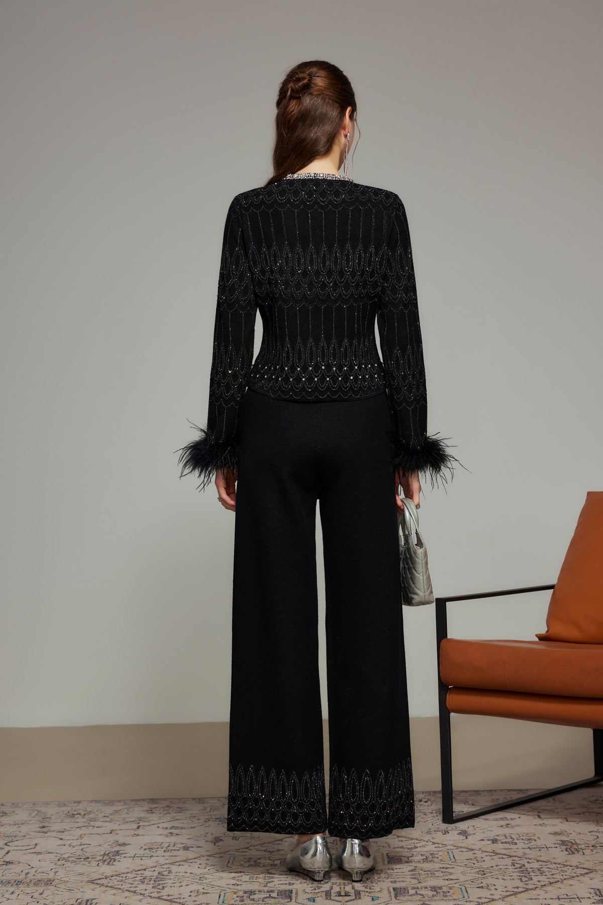 Black Rhinestone Wool Knit Cardigan