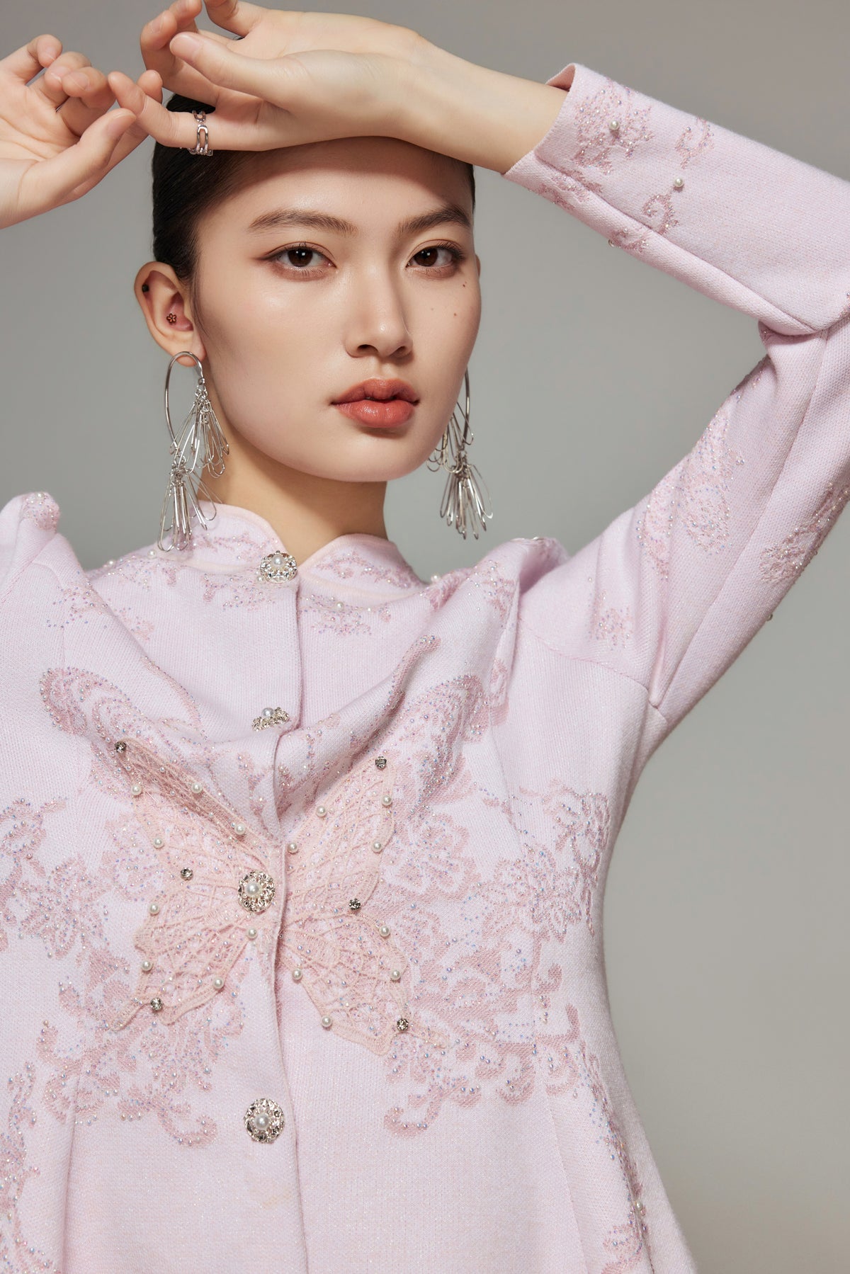 Pink Butterfly Lace Rhinestone Knit Top