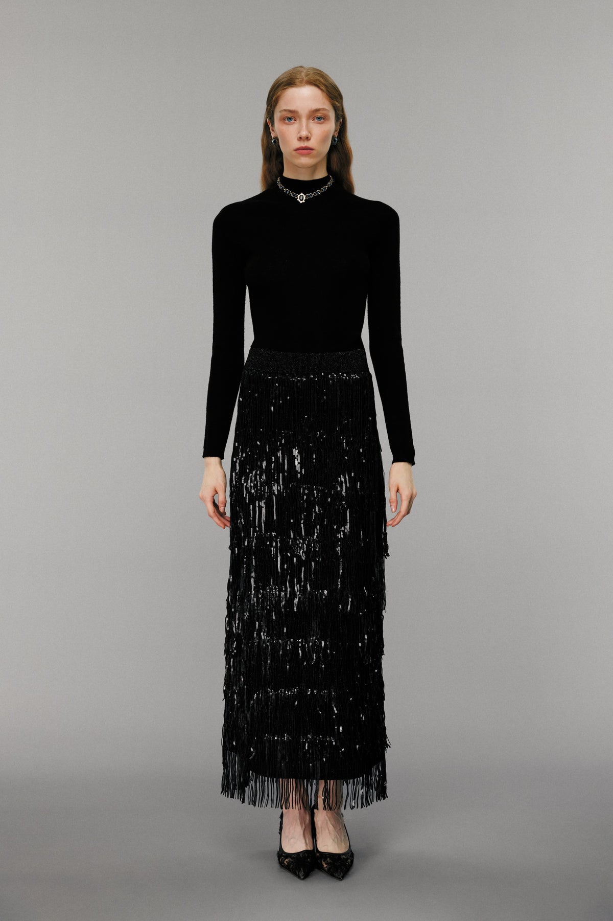 Black Sequin-Embellished Fringe Skirt