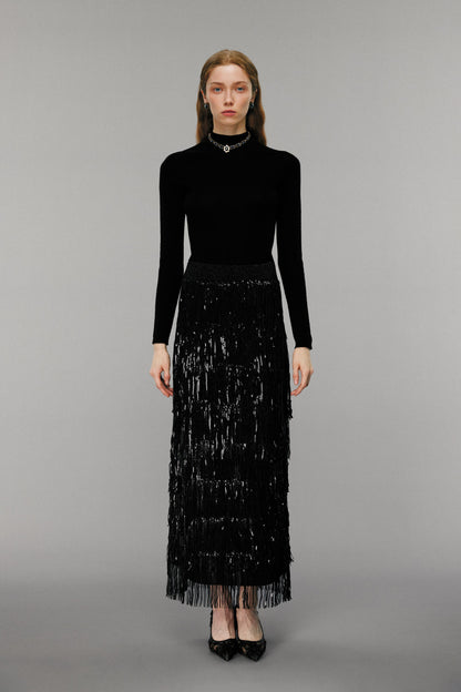 Black Sequin-Embellished Fringe Skirt