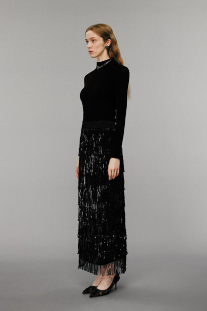 Black Sequin-Embellished Fringe Skirt