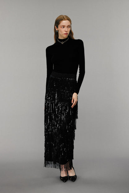 Black Sequin-Embellished Fringe Skirt