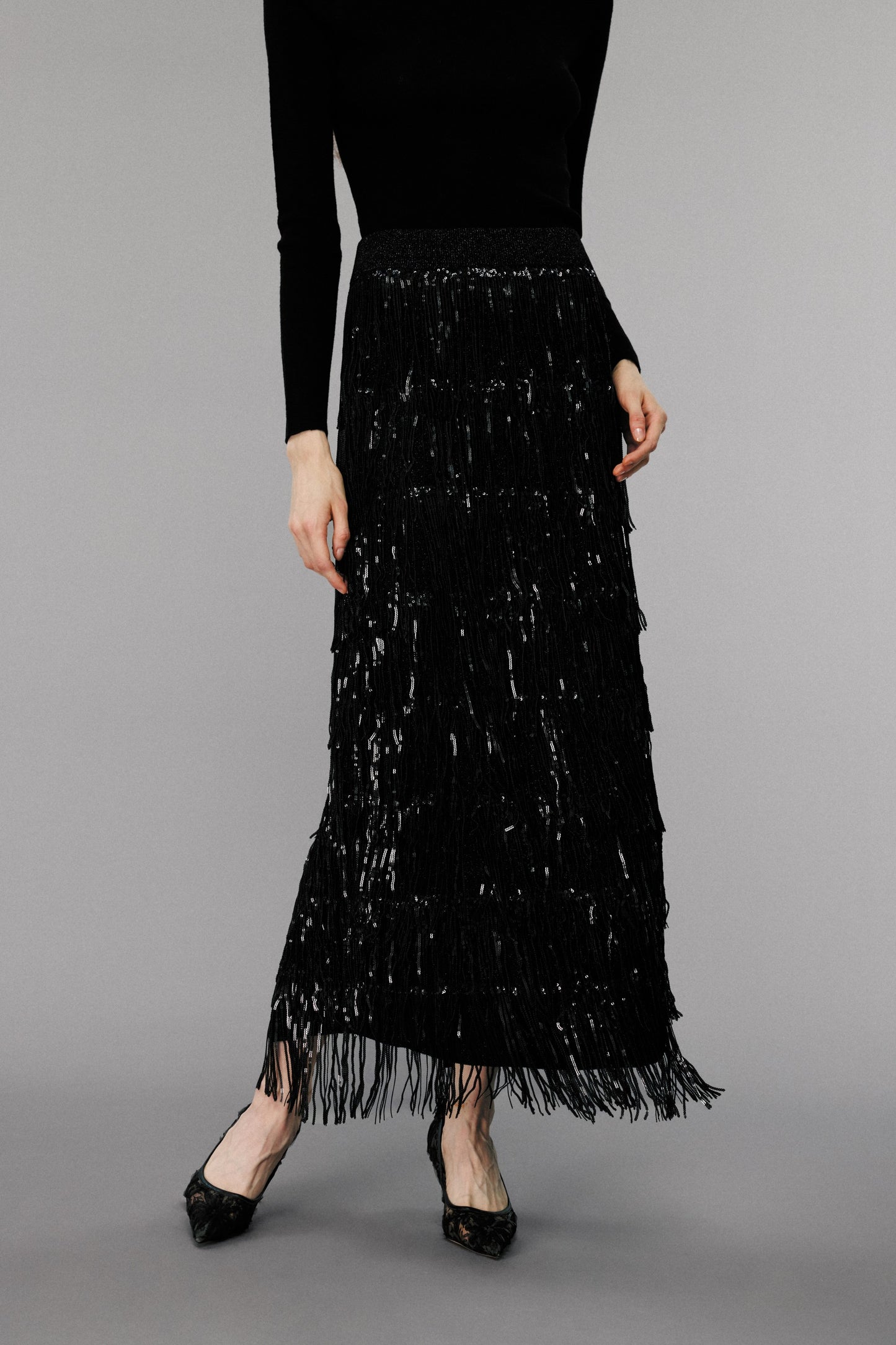 Black Sequin-Embellished Fringe Skirt