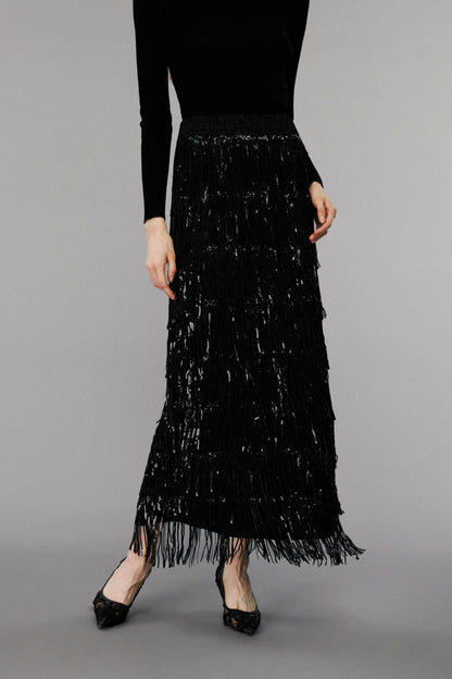 Black Sequin-Embellished Fringe Skirt
