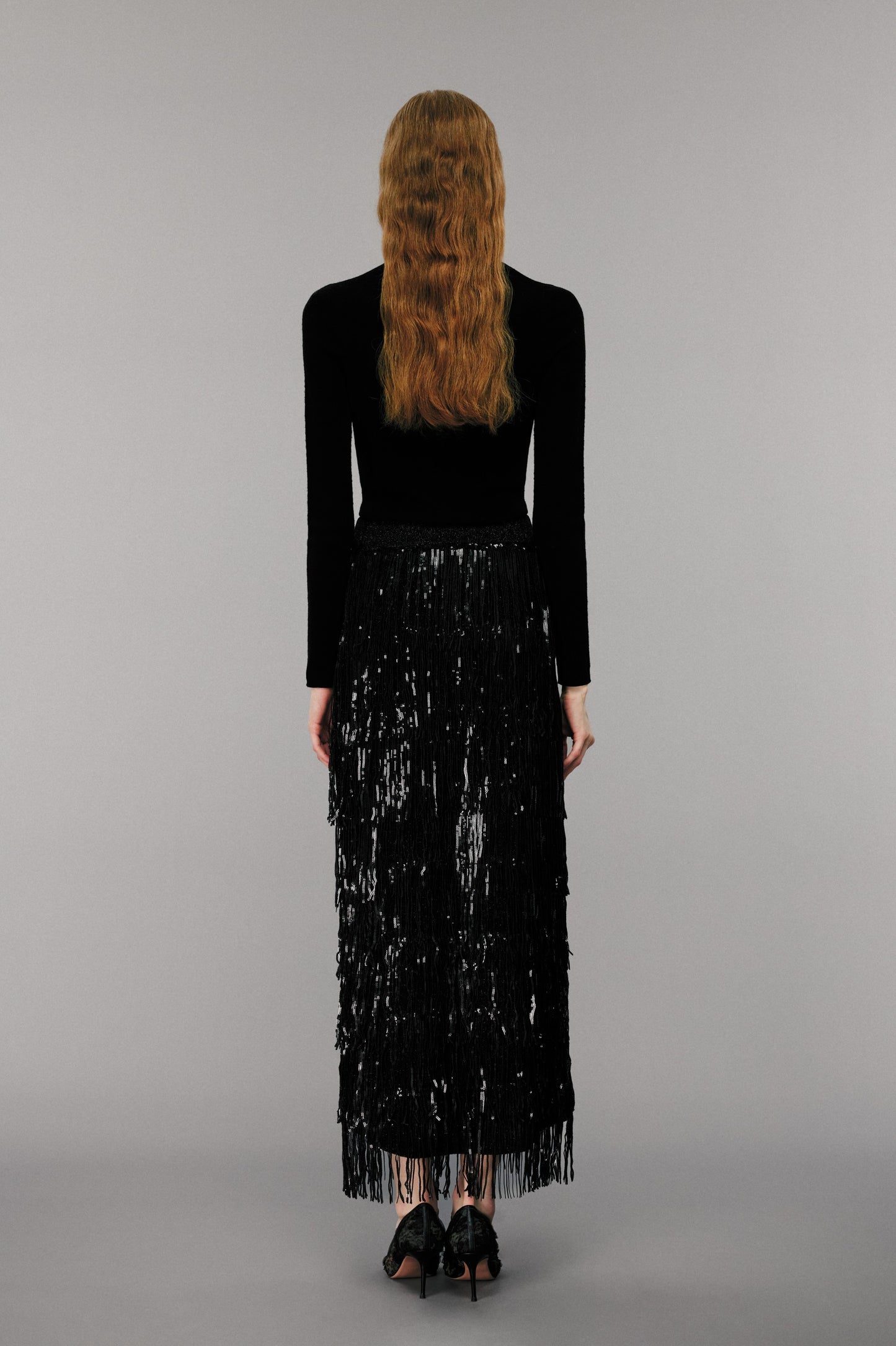 Black Sequin-Embellished Fringe Skirt