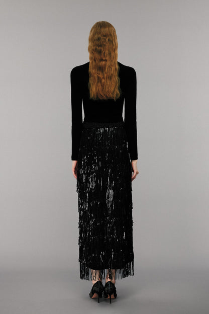 Black Sequin-Embellished Fringe Skirt
