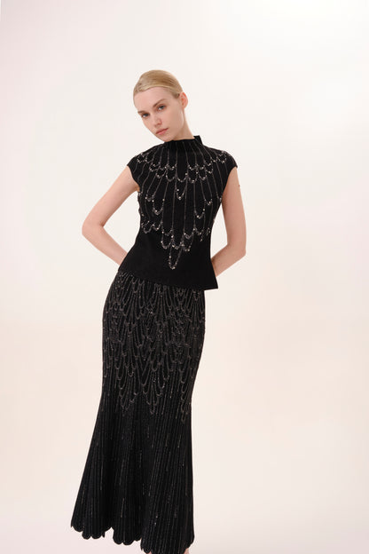 Black Rhinestone Embellished Cap Sleeve Knit Top