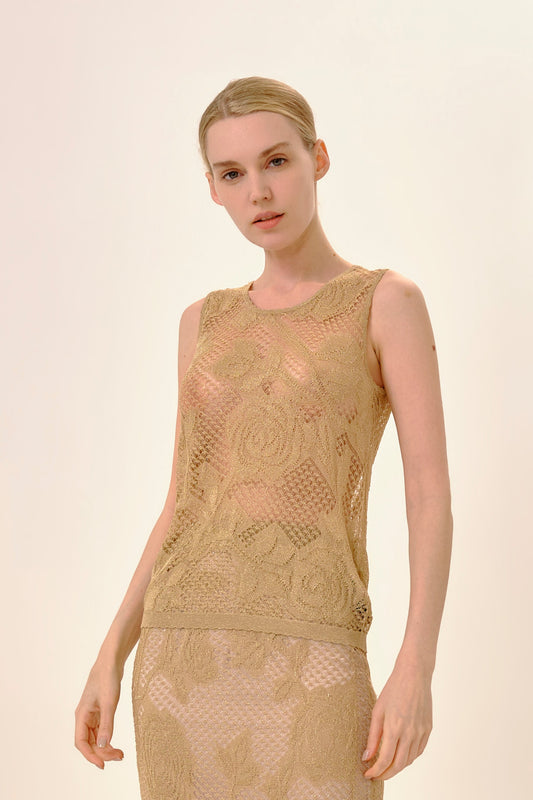 Metallic Gold Rose Jacquard Sheer Lurex Knit Sleeveless Top