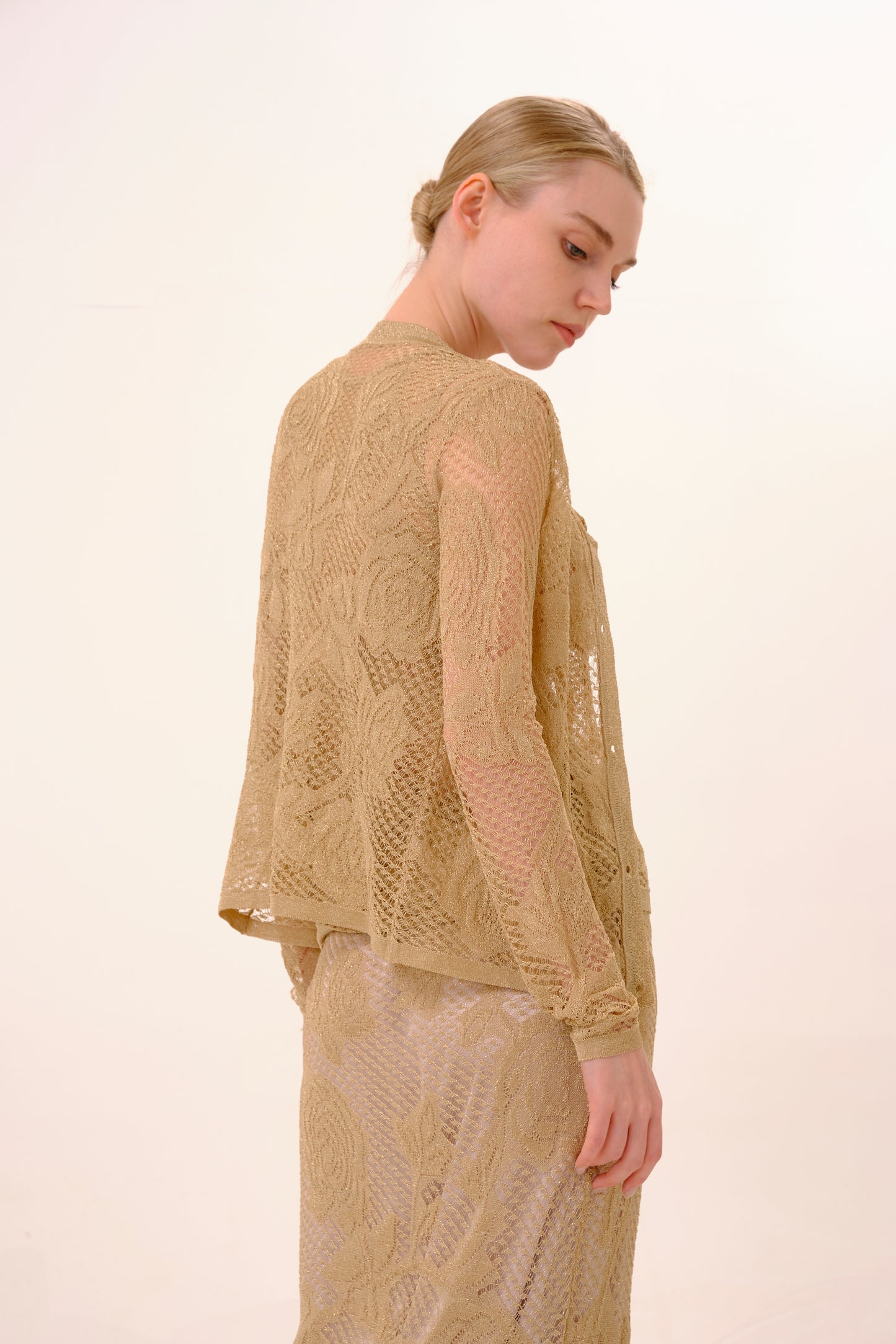 Metallic Gold Rose Jacquard Sheer Lurex Knit Cardigan