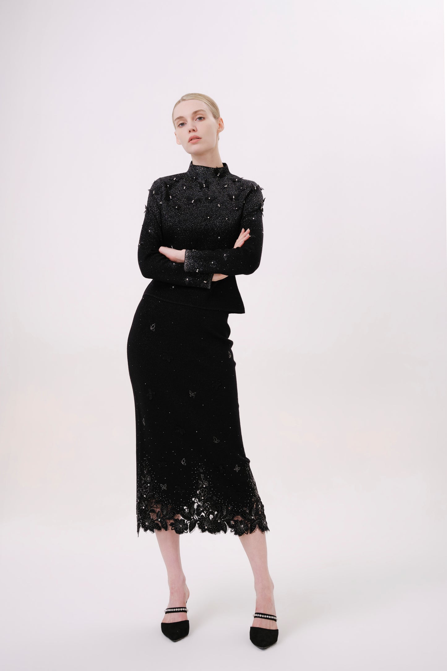 Black Floral Rhinestone Long Sleeve Knit Top
