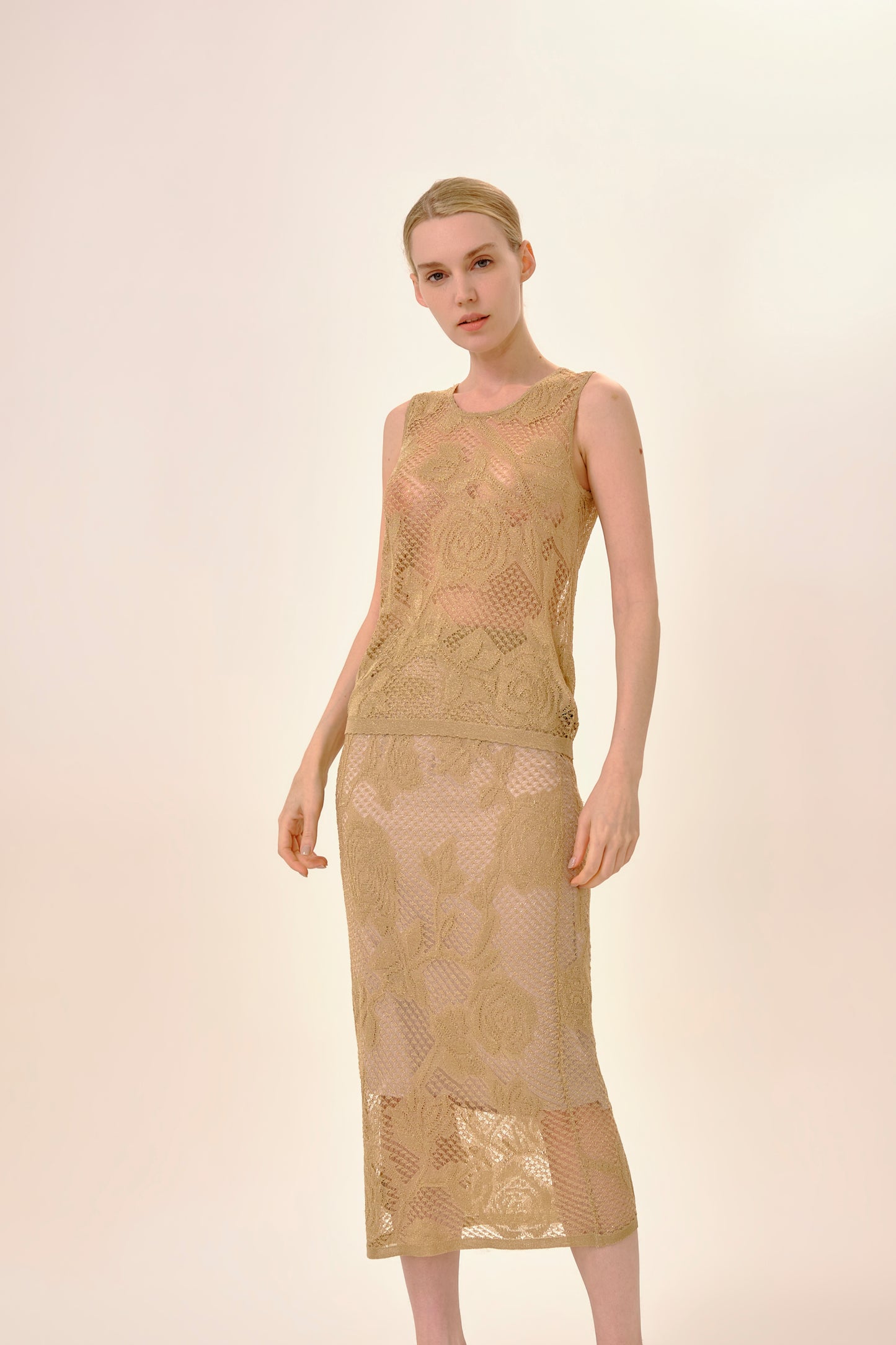 Metallic Gold Rose Jacquard Lurex Knit Skirt