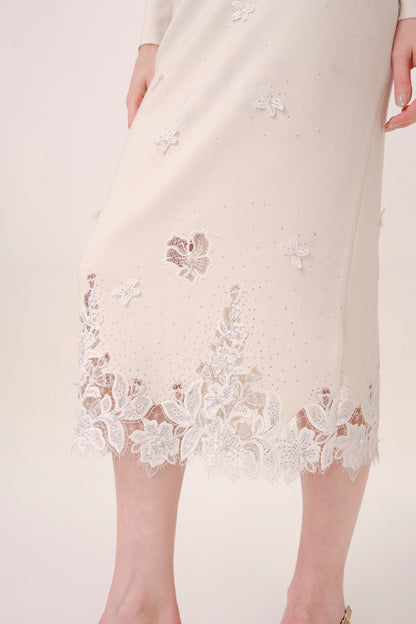 White Floral Embroidered Rhinestone Knit Skirt