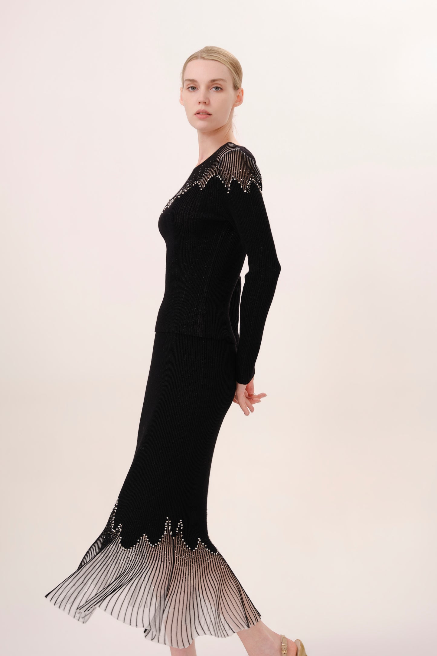 Black Rhinestone Embellished Knit Fishtail Skirt