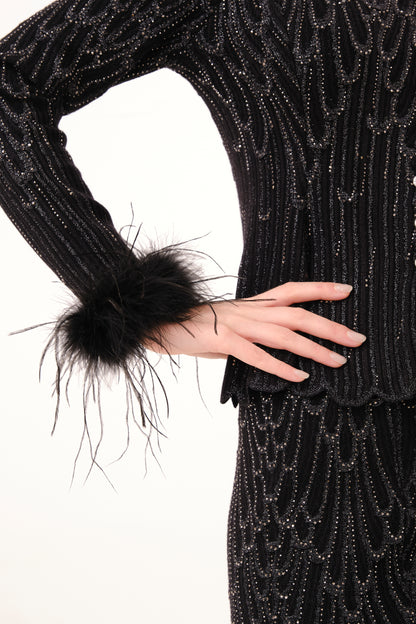 Black Mock Neck Feather Trim Rhinestone Knit Top