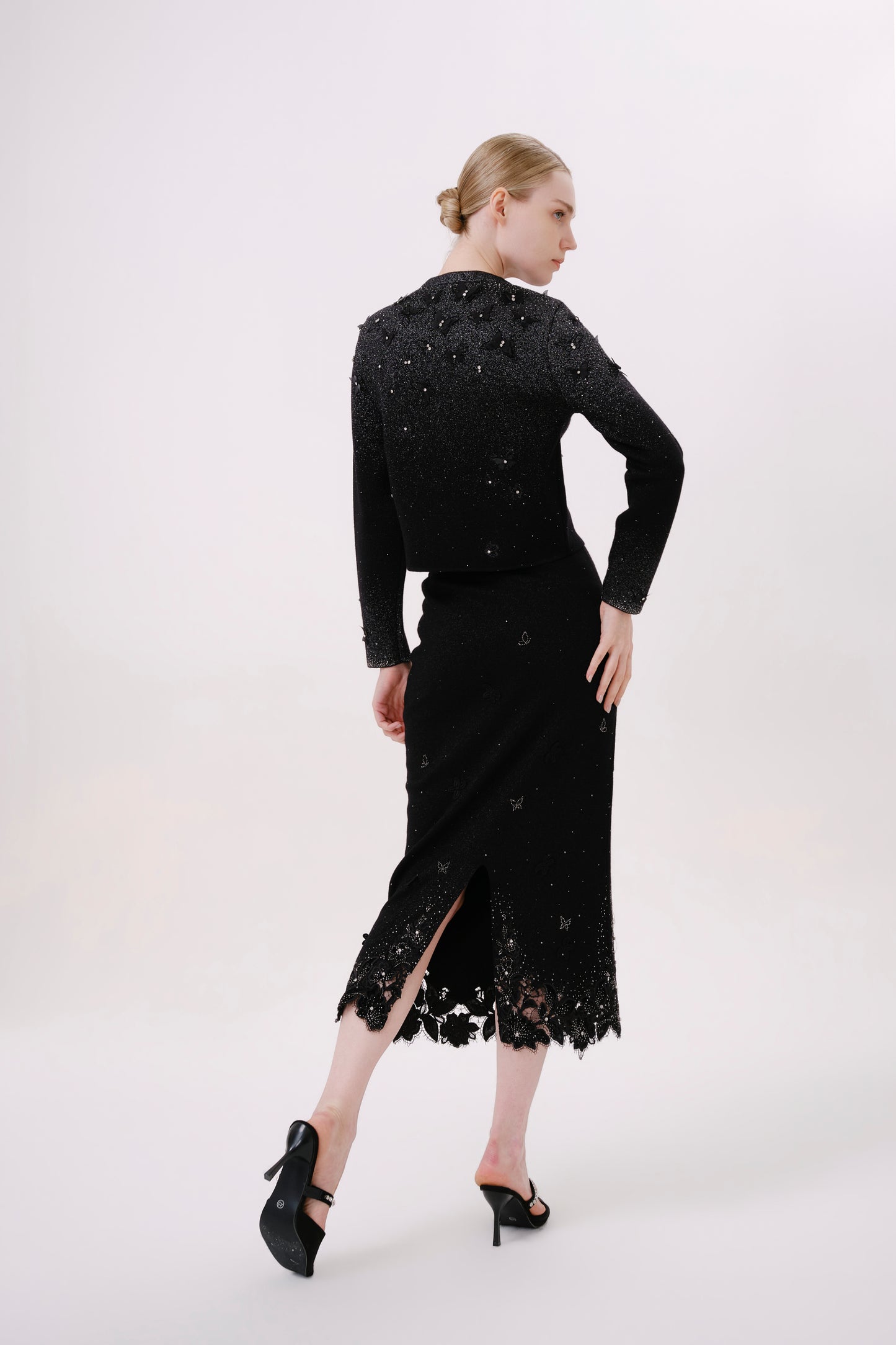 Black Floral Embroidered Rhinestone Knit Cardigan