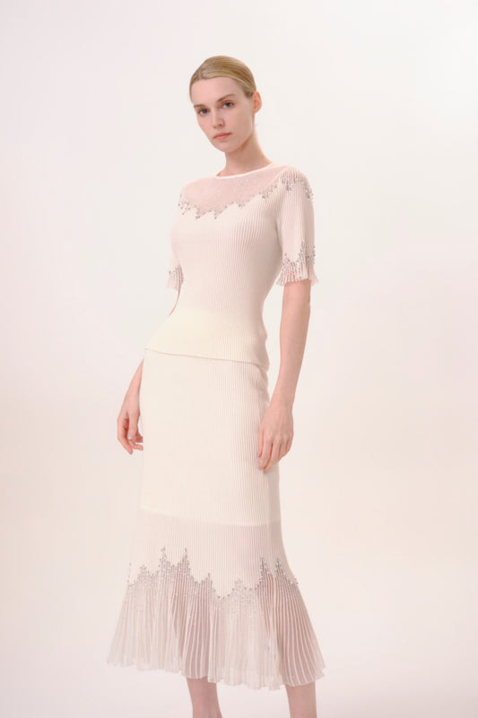 White Rhinestone Embellished Knit Fishtail Skirt