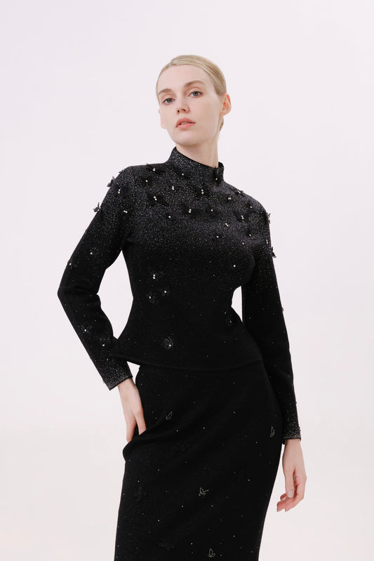 Black Floral Rhinestone Long Sleeve Knit Top
