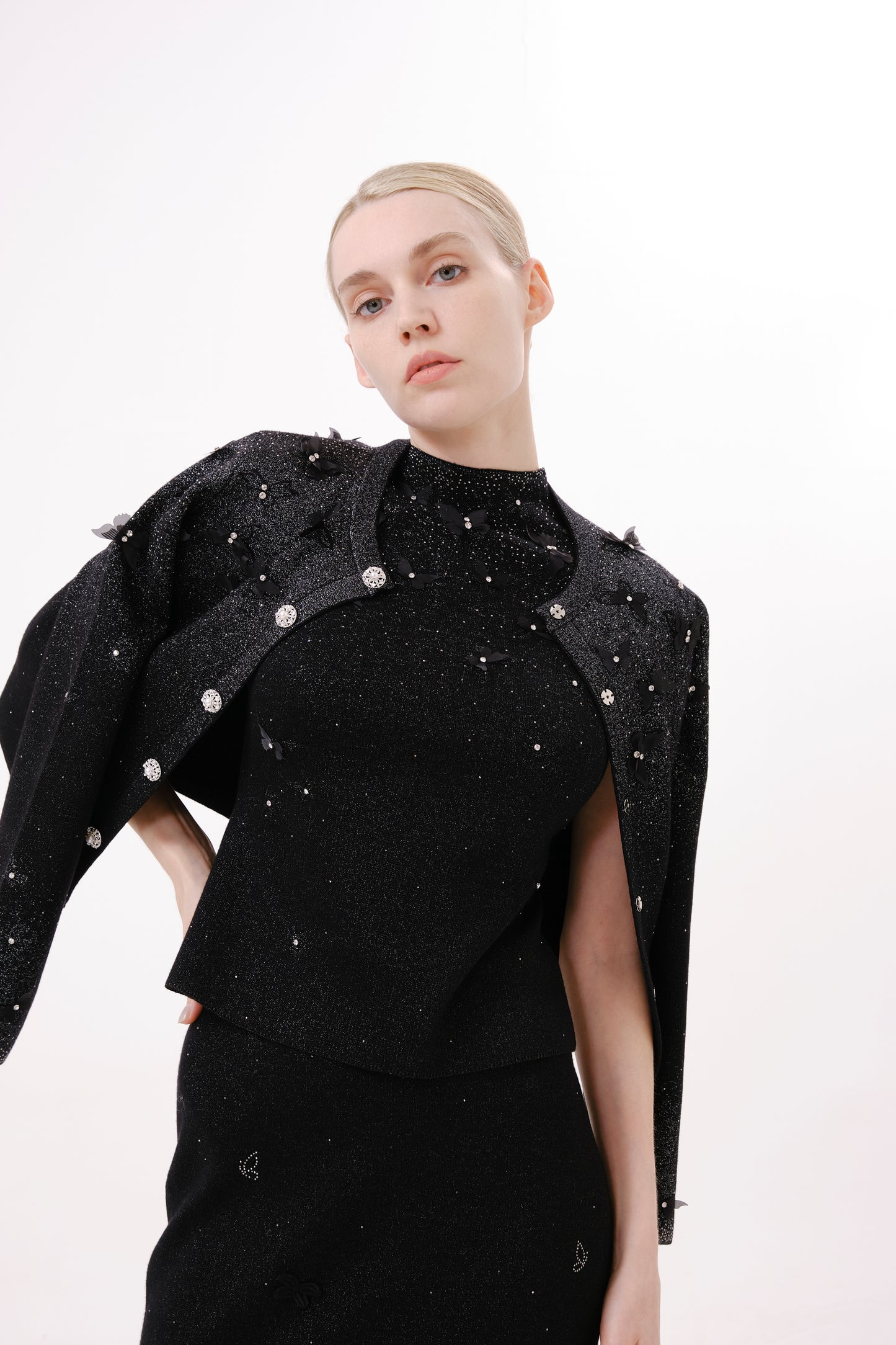 Black Floral Embroidered Rhinestone Knit Cardigan