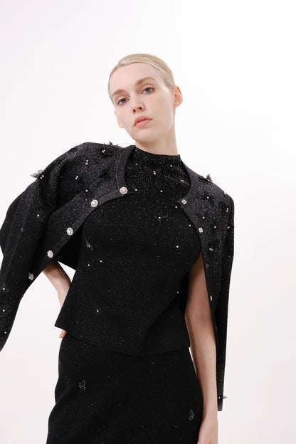 Black Floral Embroidered Rhinestone Knit Cardigan