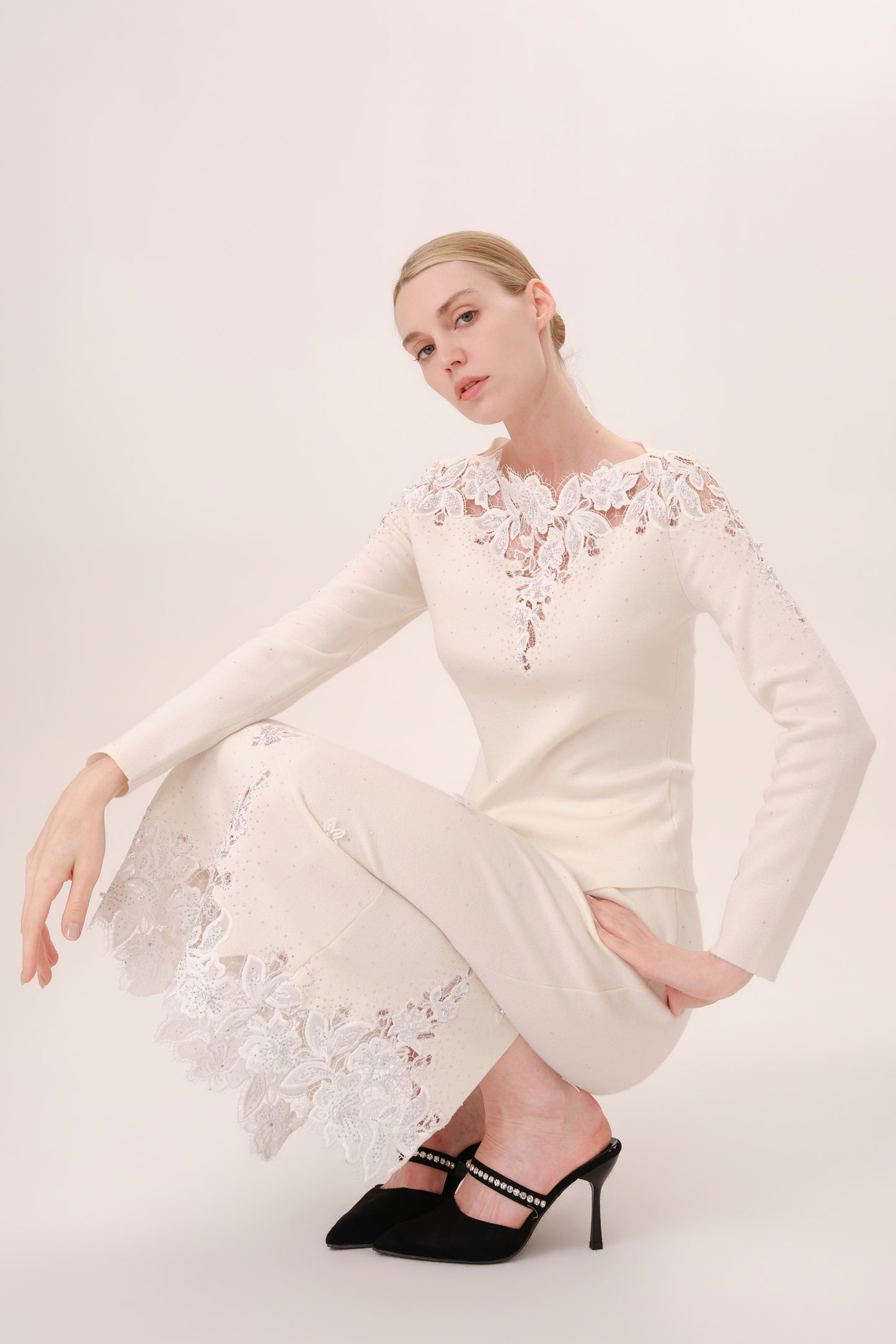 White Embroidered Floral Rhinestone Knit Top