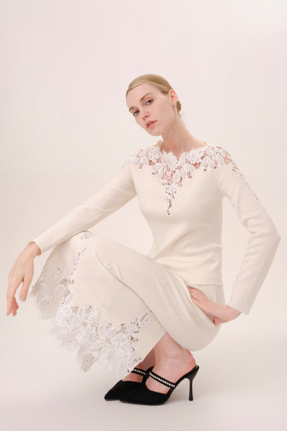 White Embroidered Floral Rhinestone Knit Top