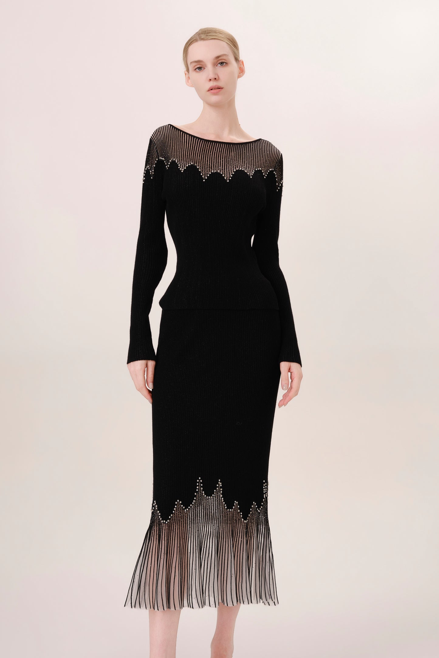 Black Rhinestone Embellished Knit Fishtail Skirt