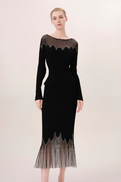 Black Rhinestone Embellished Knit Fishtail Skirt