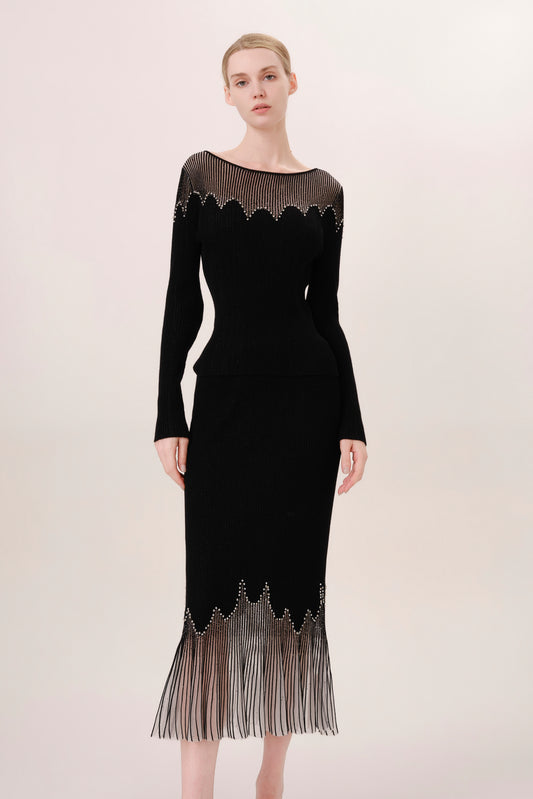Black Rhinestone Embellished Knit Fishtail Skirt