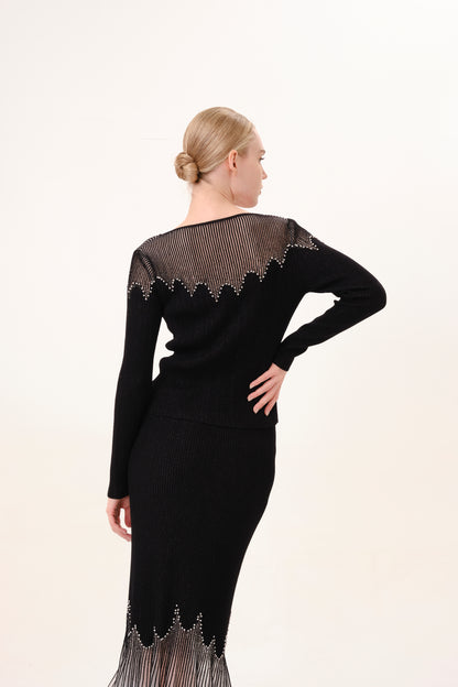 Black Rhinestone Embellished Long Sleeve Knit Top