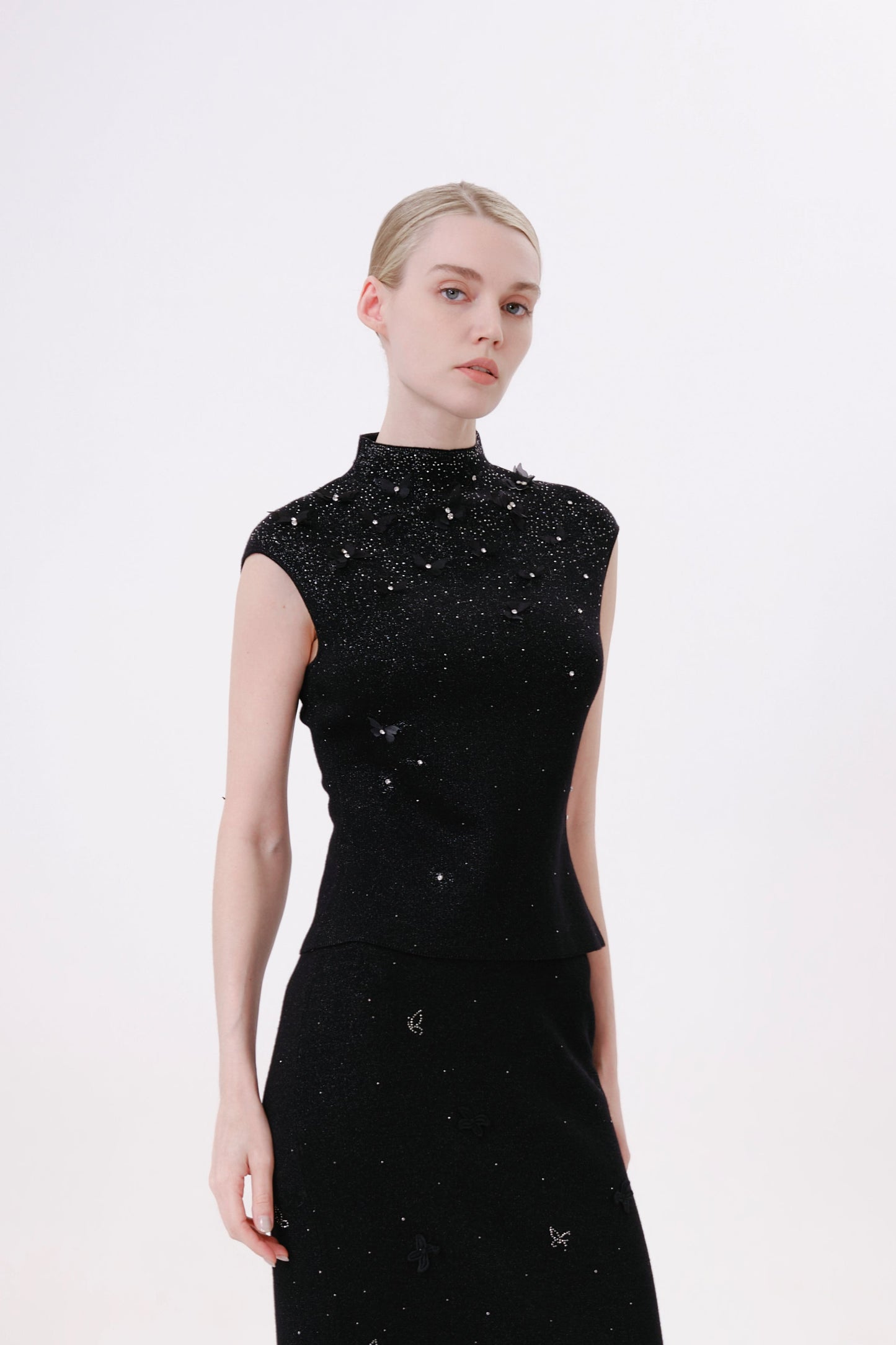 Black Mock Neck Floral Embroidered Rhinestone Knit Top