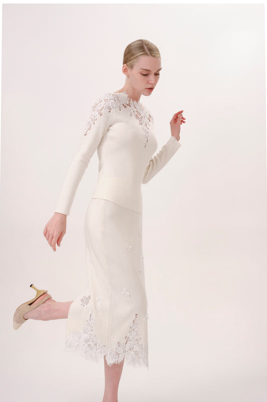 White Floral Embroidered Rhinestone Knit Skirt