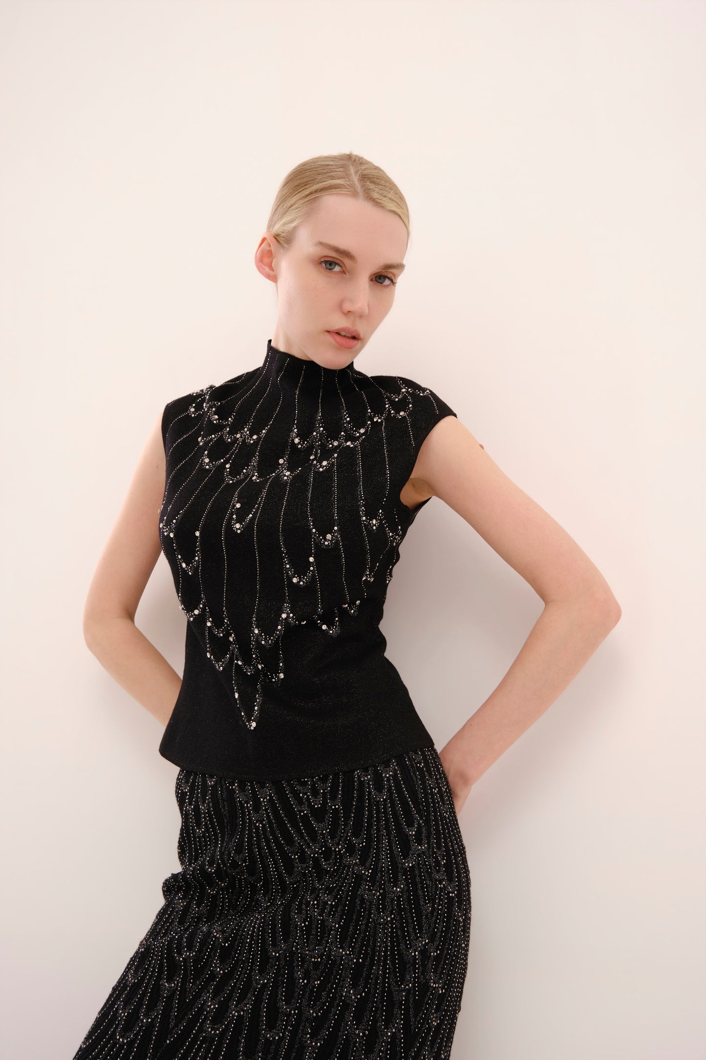 Black Rhinestone Embellished Cap Sleeve Knit Top
