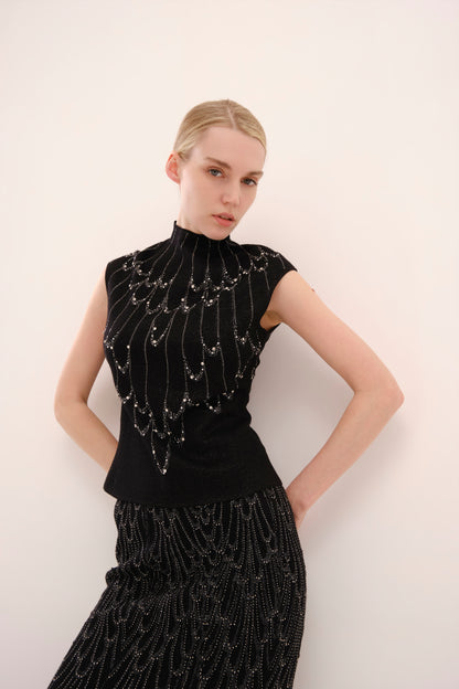 Black Rhinestone Embellished Cap Sleeve Knit Top