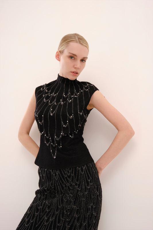 Black Rhinestone Embellished Cap Sleeve Knit Top