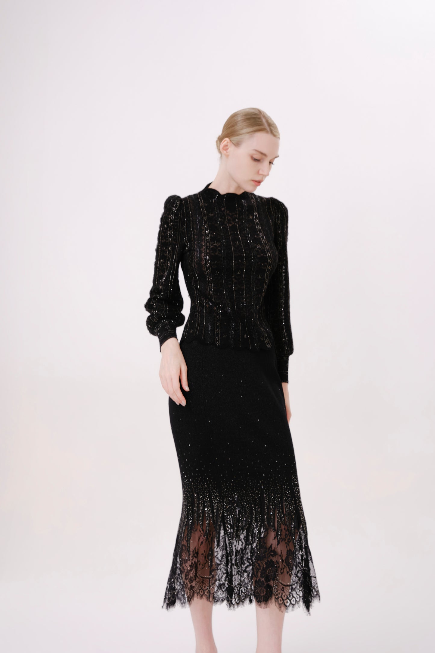 Black Rhinestone Lace Floral Puff Sleeve Knit Top