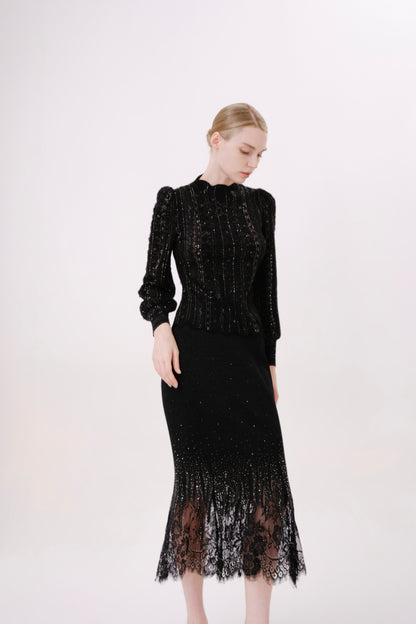 Black Rhinestone Lace Floral Puff Sleeve Knit Top