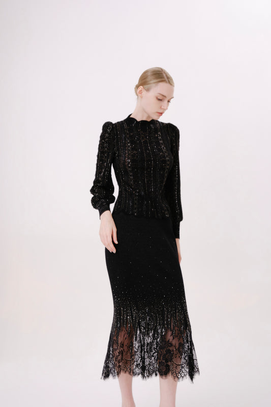 Black Rhinestone Lace Floral Puff Sleeve Knit Top