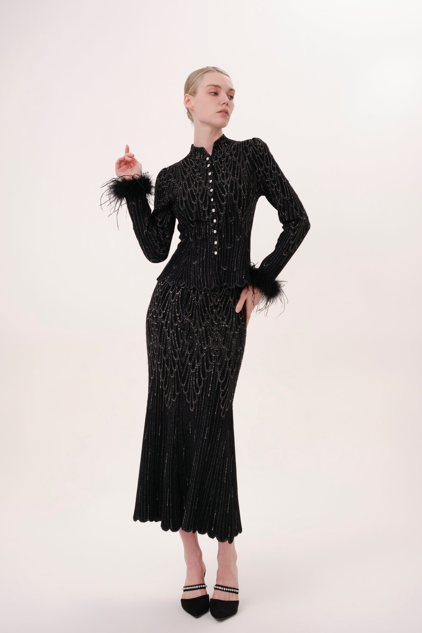 Black Mock Neck Feather Trim Rhinestone Knit Top
