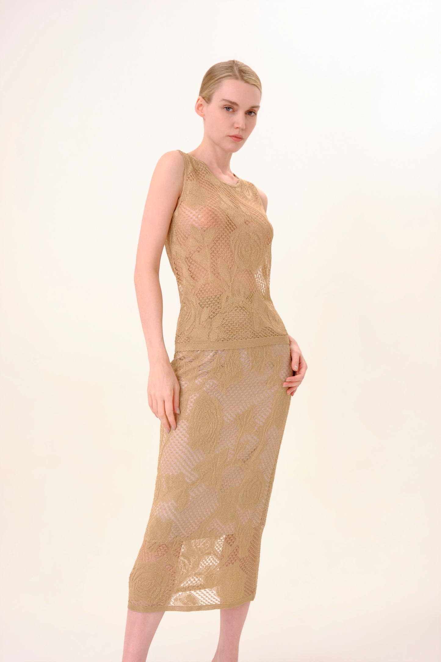 Metallic Gold Rose Jacquard Sheer Lurex Knit Sleeveless Top