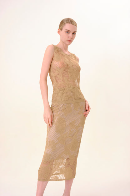 Metallic Gold Rose Jacquard Sheer Lurex Knit Sleeveless Top