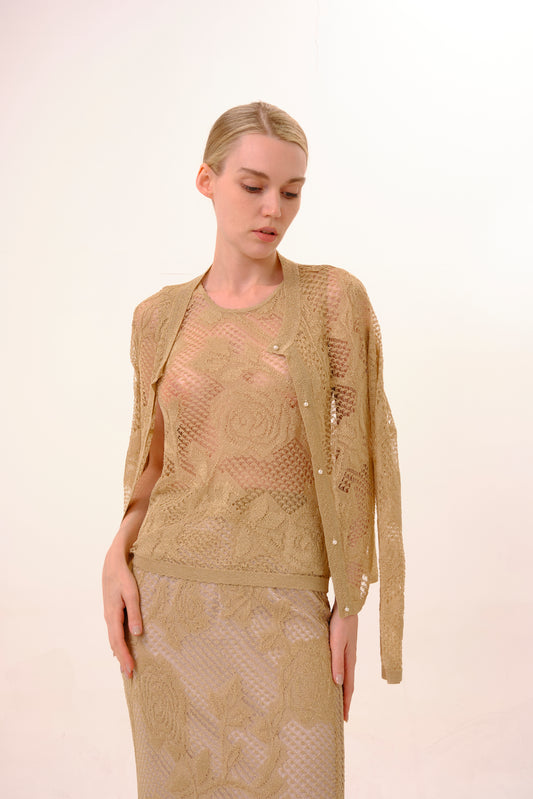 Metallic Gold Rose Jacquard Sheer Lurex Knit Cardigan