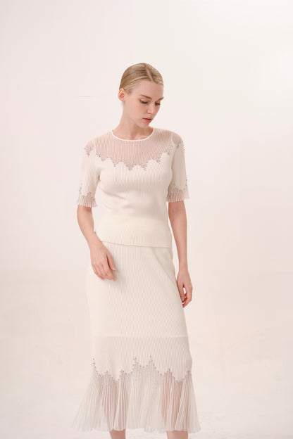 White Rhinestone Embellished Knit Fishtail Skirt