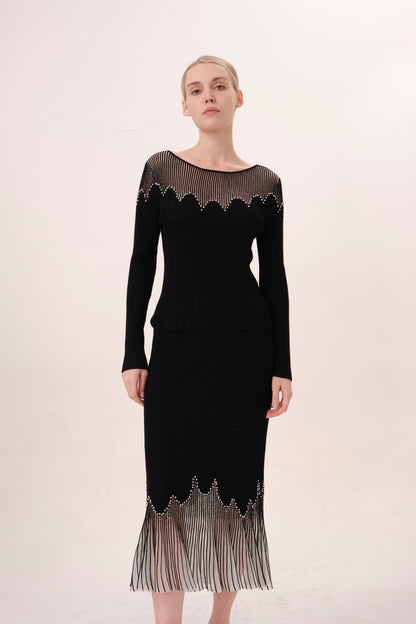 Black Rhinestone Embellished Knit Fishtail Skirt