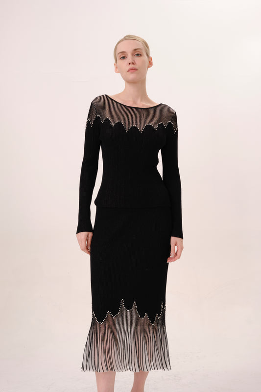 Black Rhinestone Embellished Knit Fishtail Skirt