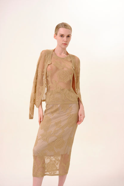 Metallic Gold Rose Jacquard Sheer Lurex Knit Cardigan