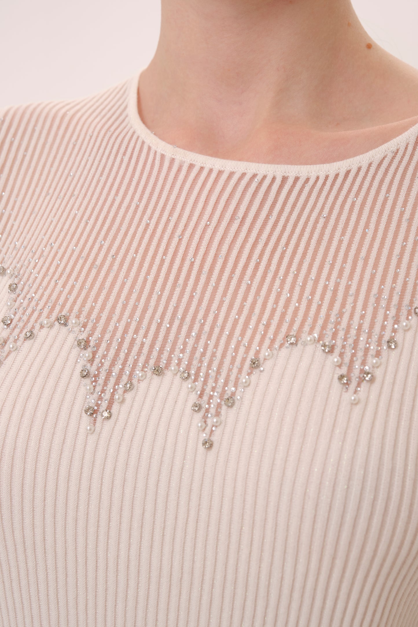 White Sheer Neckline Rhinestone Short Sleeve Knit Top