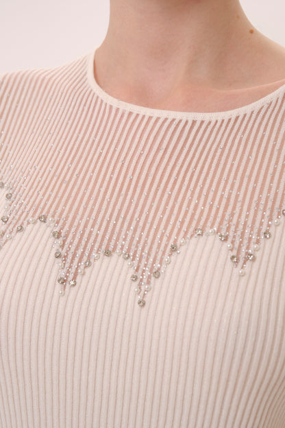 White Sheer Neckline Rhinestone Short Sleeve Knit Top