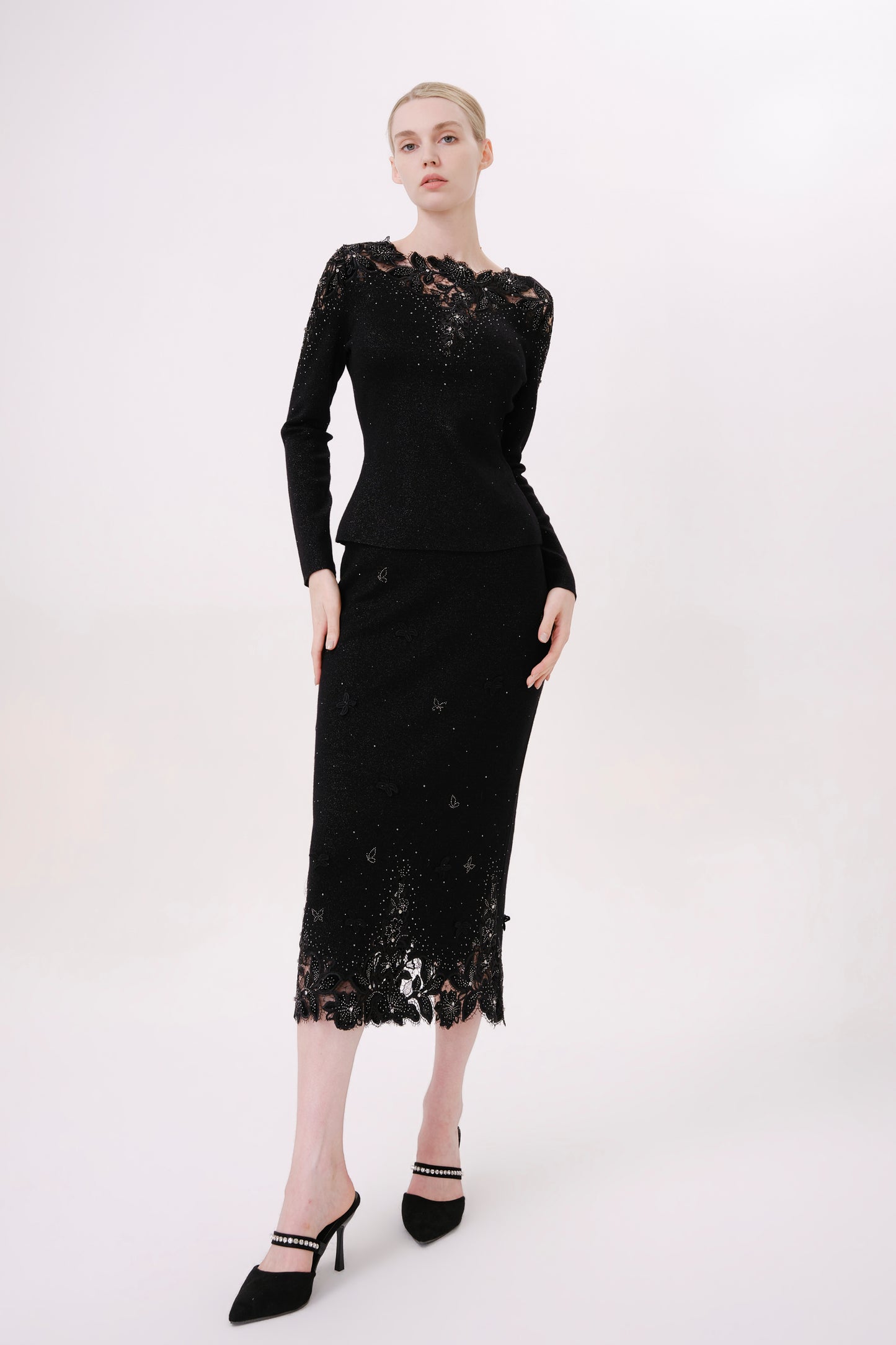 Black Floral Embroidered Rhinestone Knit Skirt